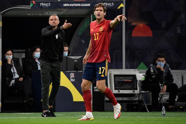 Luis Enrique coach of Spain and Marcos Alonso of Spain during the Uefa Nations League semi-final football match between Italy and Spain at San Siro stadium in Milano (Italy), October 6th, 2021. Photo Andrea Staccioli Insidefoto andreaxstaccioli