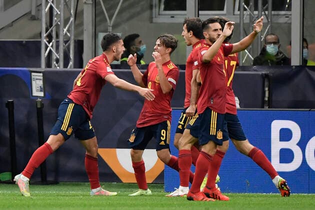 Ferran Torres of Spain celebrates after scoring with Pablo Martin Paez Gavira Gavi of Spain the goal of 0-1 during the Uefa Nations League semi-final football match between Italy and Spain at San Siro stadium in Milano (Italy), October 6th, 2021. Photo Andrea Staccioli Insidefoto andreaxstaccioli