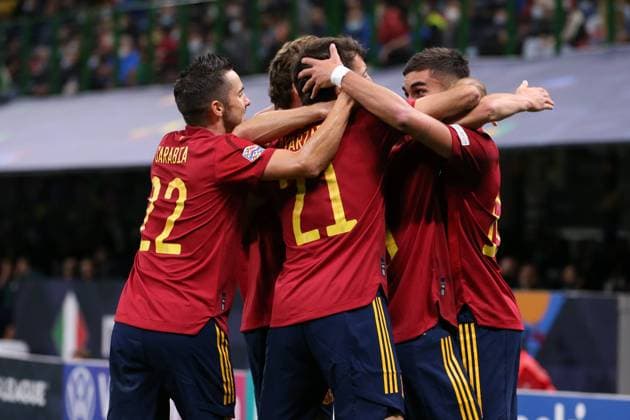 Milan, Italy, 5th October 2021. Ferran Torres of Spain celebrates with team mates after scoring to give the side a 1-0 lead during the UEFA Nations League match at Giuseppe Meazza, Milan. Picture credit should read: Jonathan Moscrop Sportimage EDITORIAL USE ONLY. No use with unauthorised audio, video, data, fixture lists, club league logos or live services. Online in-match use limited to 120 images, no video emulation. No use in betting, games or single club league player publications. SPI-1229-0014