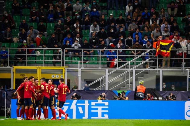 Photo LaPresse - Fabio Ferrari October, 06 2021 Milan, Italy soccer Italy vs Spain - Semi-final Nations League - San Siro Stadium of Milan. In the pic:Ferran Torres (Spain) celebration after gol 0-1  Copyright: xFabioxFerrari LaPressex
