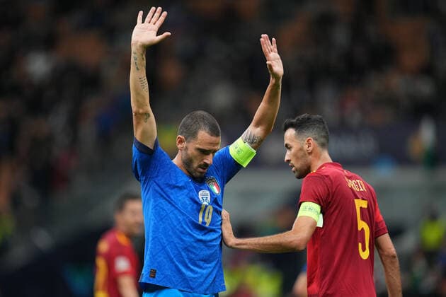 ESP: Italy - Spain. UEFA Nations League semifinal Leonardo Bonucci of Italy and Sergio Busquets of Spain during the UEFA Nations League match between Italy and Spain played at San Siro Stadium on October 6, 2021 in Milan, Italy. kpng Copyright: xPRESSINPHOTOx PS_211006_029