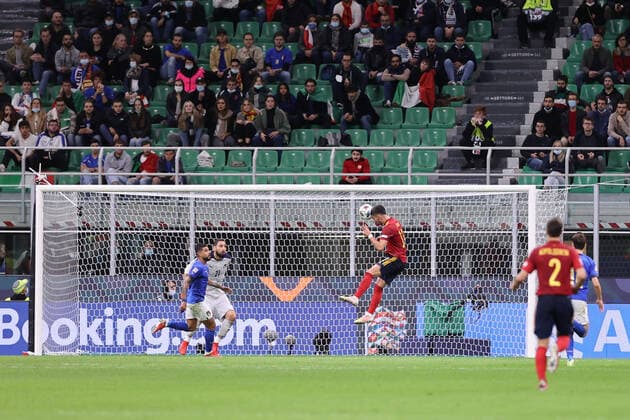 October 6, 2021, Milan, Italy: Ferran Torres of Spain scores a goal during the UEFA Nations League Finals 2021 semi-final football match between Italy and Spain at Giuseppe Meazza Stadium, Milan, Italy on October 06, 2021 football UEFA Nations League match - Semifinals 2021 - Italy vs Spain, Milan, Italy  - ZUMAl164 20211006_zsa_l164_058 Copyright: xFabrizioxCarabellix