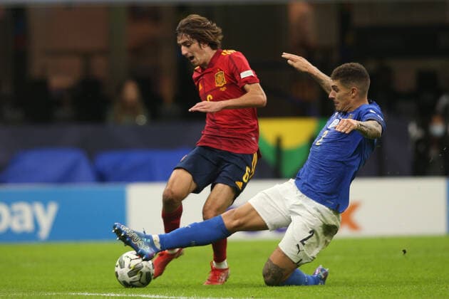 Milan, Italy - 06.10.2021: BRYAN GIL (SPAIN), GIOVANNI DI LORENZO (ITALY) in action during the Finals Uefa Nations League football match Italy vs Spain at San Siro Stadium in Milan on october 06th 2021.  Copyright: xMarcoxIacobuccix xIPAx xMarcoxIacobuccix 0
