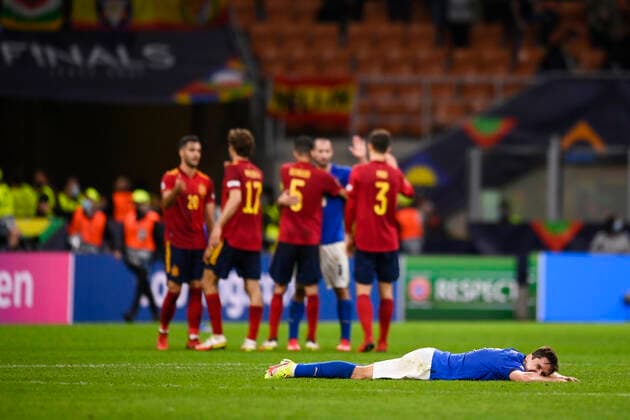 Sport Bilder des Tages Photo LaPresse - Fabio Ferrari October, 06 2021 Milan, Italy soccer Italy vs Spain - Semi-final Nations League - San Siro Stadium of Milan. In the pic:Federico Chiesa (Italy) delusion  Copyright: xFabioxFerrari LaPressex
