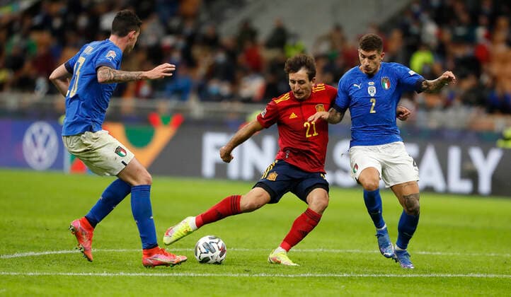 Semifinal de la UEFA Nations League entre Italia y Espana. En la imagen, Rubiales, Oyarzabal y Di Lorenzo. UEFA Nations League semifinal between Italy and Spain. In this picture, Oyarzabal and Di Lorenzo. 