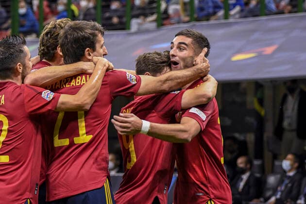 Ferran Torres (Spain) celebrates after scoring his team s first goal during the Uefa Nations League 2020-2021 match between Italy 1-2 Spain at Giuseppe Meazza Stadium on October 6, 2021 in Milano, Italy. Noxthirdxpartyxsales  (171343136)