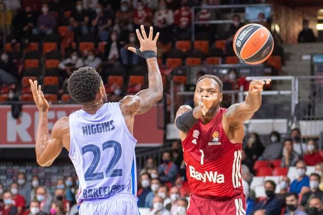 Cory Higgins 22 FC Barcelona , Thomas Deshaun 1 FC Bayern , FC Bayern Basketball vs FC Barcelona, EuroLeague, 07 10 2021 Muenchen Bayern Germany Copyright: xkolbert-press UlrichxGamelx
