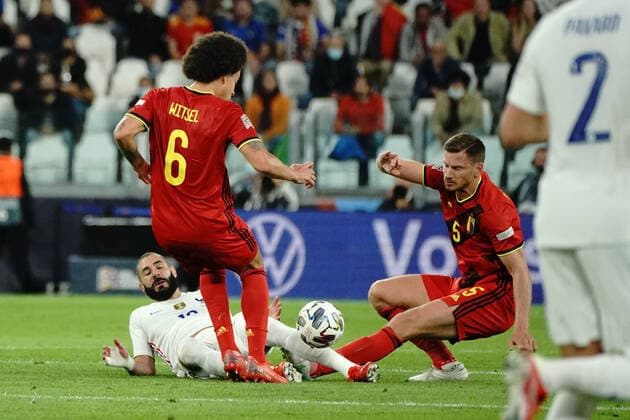 Karim Benzema (France) - Jan Vertonghen (Belgique) FOOTBALL : Belgique vs France - League des Nations - Demi Finale - Turin - 07 10 2021 NorbertScanella Panoramic 