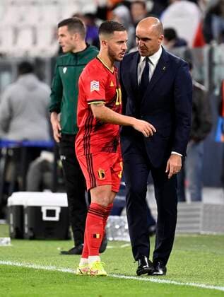 Torino, Italy - October 07 : Roberto Martinez head coach of Belgian Team & Eden Hazard midfielder of Belgium during the UEFA Nations League Finals 2021 Semi-Final match between Belgium and France on October 7, 2021 in Torino, Italy, 7 10 2021 ( Belgium v France UEFA Nations League Semi-Final PhotoNews Panoramic 