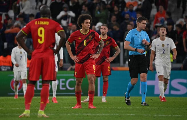 Belgium s Romelu Lukaku and Belgium s Axel Witsel look dejected after a soccer game between Belgian national team, Nationalteam Red Devils and France, the semi-finals of the Nations League, in Torino, Italy, on Thursday 07 October 2021. DIRKxWAEM  x3109502x