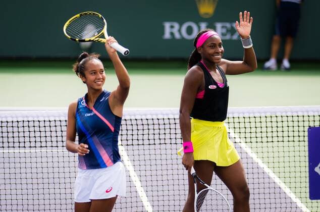 Mandatory Credit: Photo by Rob Prange Shutterstock (12524628b) Cori Gauff of the United States & Leylah Fernandez of Canada playing doubles at the 2021 BNP Paribas Open WTA, Tennis Damen 1000 tennis tournament BNP Paribas Open, Tennis, Day 2, Indian Wells Tennis Garden, California, USA - 07 Oct 2021 BNP Paribas Open, Tennis, Day 2, Indian Wells Tennis Garden, California, USA - 07 Oct 2021 Copyright: xRobxPrange Shutterstockx 12524628b