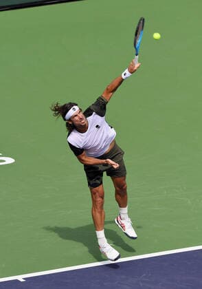 INDIAN WELLS, CA - OCTOBER 07: Feliciano Lopez of Spain serving during a tennis match played on October 7, 2021 at the BNP Paribas Open played at the Indian Wells Tennis Garden in Indian Wells, CA. (Photo by John Cordes Icon Sportswire) TENNIS: OCT 07 BNP Paribas Open Icon506211007052
