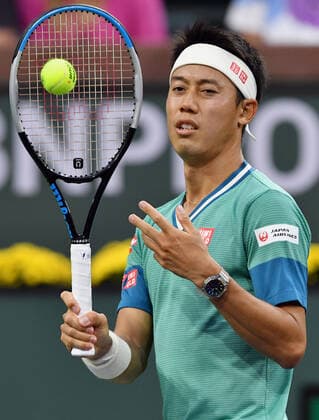 INDIAN WELLS, CA - OCTOBER 07: Kei Nishikori of Japan on the court during a tennis match played on October 7, 2021 at the BNP Paribas Open played at the Indian Wells Tennis Garden in Indian Wells, CA. (Photo by John Cordes Icon Sportswire) TENNIS: OCT 07 BNP Paribas Open Icon506211007838