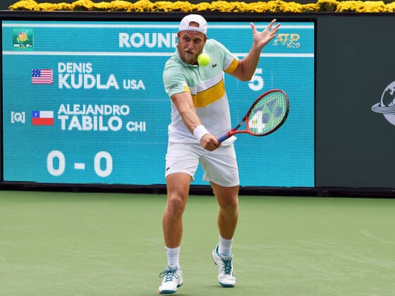 INDIAN WELLS, CA - OCTOBER 08: Denis Kudla (USA) in action during his men s singles match at the BNP Paribas Open on October 08, 2021, at the Indian Wells Tennis Garden in Indian Wells, CA. (Photo by Cynthia Lum Icon Sportswire) TENNIS: OCT 08 BNP Paribas Open Icon250211008483