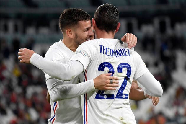 Theo Hernandez of France (r) celebrates with his brother Lucas Hernandez after scoring the goal of 2-3 during the Uefa Nations League semi-final football match between Belgium and France at Juventus stadium in Torino (Italy), October 7th, 2021. Photo Andrea Staccioli Insidefoto andreaxstaccioli
