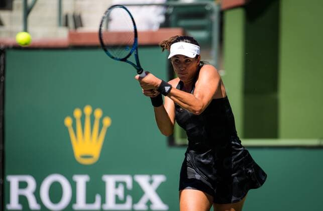 Mandatory Credit: Photo by Rob Prange Shutterstock (12524631a) Garbine Muguruza of Spain in action during the second round at the 2021 BNP Paribas Open WTA, Tennis Damen 1000 tennis tournament BNP Paribas Open, Tennis, Day 4, Indian Wells Tennis Garden, California, USA - 09 Oct 2021 BNP Paribas Open, Tennis, Day 4, Indian Wells Tennis Garden, California, USA - 09 Oct 2021 Copyright: xRobxPrange Shutterstockx 12524631a