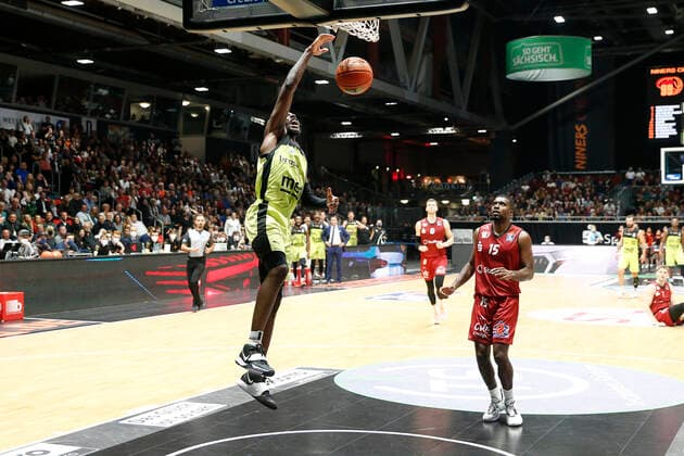 3 Matchday of the easyCredit BBL Basketball Bundesliga at Messe Chemnitz Season 2021 2022 NINERS Chemnitz vs Medi Bayreuth Frantz Massenat NINERS Chemnitz 15 right Sacar Anim Medi Bayreuth 2 left