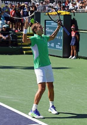INDIAN WELLS, CA - OCTOBER 09: Daniel Evans of Great Britain reacts after defeating Kei Nishikori of Japan in three set in a tennis match during the BNP Paribas Open played on October 9, 2021 at the Indian Wells Tennis Garden in Indian Wells, CA. (Photo by John Cordes Icon Sportswire) TENNIS: OCT 09 BNP Paribas Open Icon506211009007