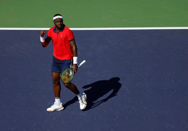 October 09, 2021 Francis Tiafoe celebrates winning a point against Sebastian Korda during the 2021 BNP Paribas Open at Indian Wells Tennis Garden in Indian Wells, California. Mandatory Photo Credit : CSM Indian Wells United States of America - ZUMAc04_ 20211009_zaf_c04_366 Copyright: xCharlesxBausx