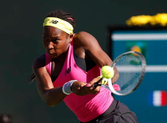 October 09, 2021 Cori Coco Gauff returns a shot against Caroline Garcia of France during the 2021 BNP Paribas Open at Indian Wells Tennis Garden in Indian Wells, California. Mandatory Photo Credit : CSM Indian Wells United States of America - ZUMAc04_ 20211009_zaf_c04_428 Copyright: xCharlesxBausx
