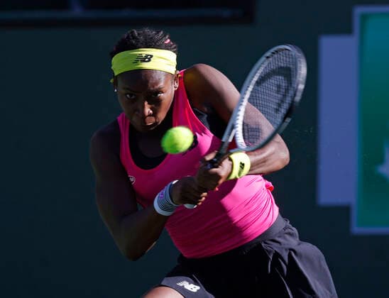 October 09, 2021 Cori Coco Gauff returns a shot against Caroline Garcia of France during the 2021 BNP Paribas Open at Indian Wells Tennis Garden in Indian Wells, California. Mandatory Photo Credit : CSM Indian Wells United States of America - ZUMAc04_ 20211009_zaf_c04_460 Copyright: xCharlesxBausx