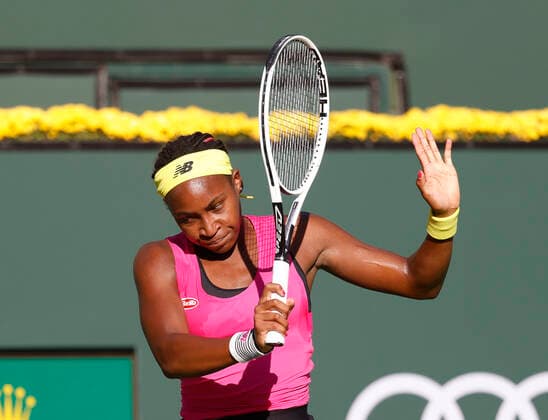 October 09, 2021 Cori Coco Gauff in action against Caroline Garcia of France during the 2021 BNP Paribas Open at Indian Wells Tennis Garden in Indian Wells, California. Mandatory Photo Credit : CSM Indian Wells United States of America - ZUMAc04_ 20211009_zaf_c04_483 Copyright: xCharlesxBausx