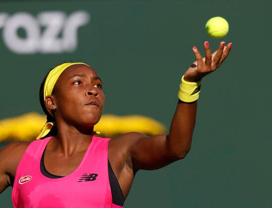 October 09, 2021 Cori Coco Gauff serves against Caroline Garcia of France during the 2021 BNP Paribas Open at Indian Wells Tennis Garden in Indian Wells, California. Mandatory Photo Credit : CSM Indian Wells United States of America - ZUMAc04_ 20211009_zaf_c04_475 Copyright: xCharlesxBausx