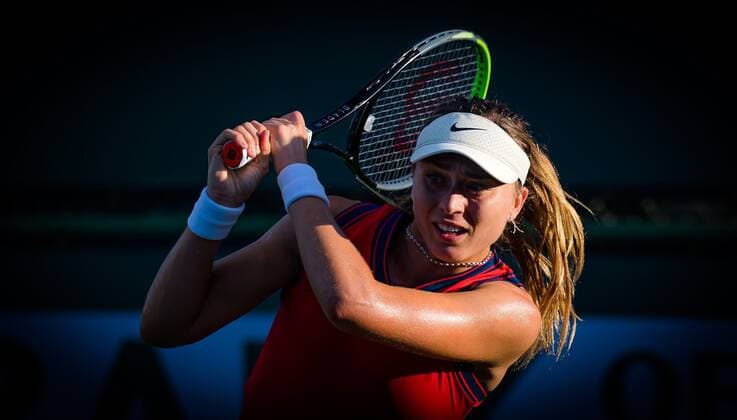 Mandatory Credit: Photo by Rob Prange Shutterstock (12524631gk) Paula Badosa of Spain in action during the second round at the 2021 BNP Paribas Open WTA, Tennis Damen 1000 tennis tournament BNP Paribas Open, Tennis, Day 4, Indian Wells Tennis Garden, California, USA - 09 Oct 2021 BNP Paribas Open, Tennis, Day 4, Indian Wells Tennis Garden, California, USA - 09 Oct 2021 Copyright: xRobxPrange Shutterstockx 12524631gk