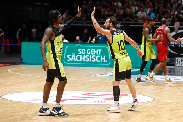 3 Matchday of the easyCredit BBL Basketball Bundesliga at Messe Chemnitz Season 2021 2022 NINERS Chemnitz vs Medi Bayreuth Sacar Anim Medi Bayreuth 2 left Bastian Doreth Medi Bayreuth 10 right