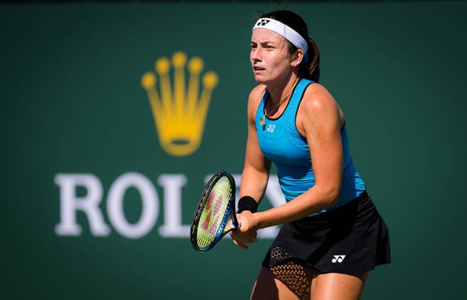 October 9, 2021, INDIAN WELS, UNITED STATES: Anastasija Sevastova of Latvia in action during the second round at the 2021 BNP Paribas Open WTA, Tennis Damen 1000 tennis tournament against Ons Jabeur of Tunisia INDIAN WELS UNITED STATES - ZUMAa181 20211009_zaa_a181_184 Copyright: xRobxPrangex