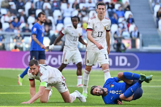 Belgium s Jan Vertonghen and Italian Domenico Berardi pictured in action during a soccer game between Belgian national team, Nationalteam Red Devils and Italy, the Nations League third-place play-off, in Torino, Italy, on Sunday 10 October 2021. DIRKxWAEM  x3110916x