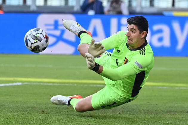 Belgium s goalkeeper Thibaut Courtois pictured in action during a soccer game between Belgian national team, Nationalteam Red Devils and Italy, the Nations League third-place play-off, in Torino, Italy, on Sunday 10 October 2021. DIRKxWAEM  x3110931x