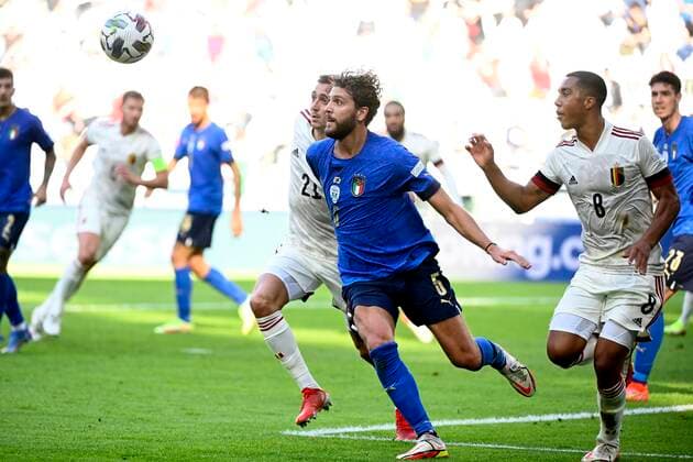 Torino, Italy - October 10 : Manuel Locatelli midfielder of Italy , Youri Tielemans midfielder of Belgium, Timothy Castagne defender of Belgium during to the UEFA Nations League Finals 2021 Third Place match between Italy and Belgium on October 10, 2021 in Torino, Italy, 10 10 2021 ( Italy v Belgium UEFA Nations League Third Place Match PhotoNews Panoramic 