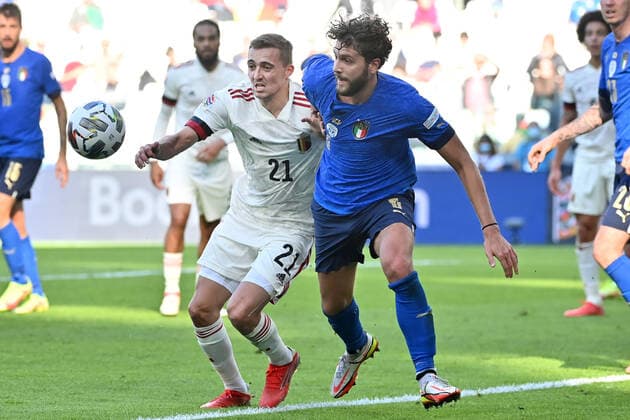Belgium s Timothy Castagne and Italian Manuel Locatelli fight for the ball during a soccer game between Belgian national team, Nationalteam Red Devils and Italy, the Nations League third-place play-off, in Torino, Italy, on Sunday 10 October 2021. DIRKxWAEM  x3110976x