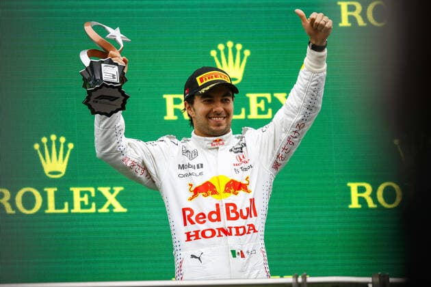 PEREZ Sergio (mex), Red Bull Racing Honda RB16B, portrait, podium during the Formula 1 Rolex Turkish Grand Prix 2021, 16th round of the 2021 FIA Formula One World Championship, WM, Weltmeisterschaft from October 8 to 10, 2021 on the Istanbul Park, in Tuzla, Turkey - F1 - TURKISH GRAND PRIX 2021 - RACE DPPI Panoramic  _B2_0607
