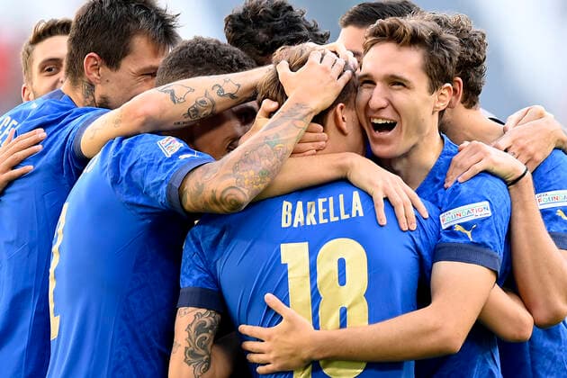 Photo LaPresse - Fabio Ferrari October, 10 2021 Turin, Italy soccer Italy vs Belgium - Final third place Nations League - Juventus stadium of Torino In the pic:Nicol& xf2; Barella (Italy) celebrates after gol 1-0  Copyright: xFabioxFerrari LaPressex