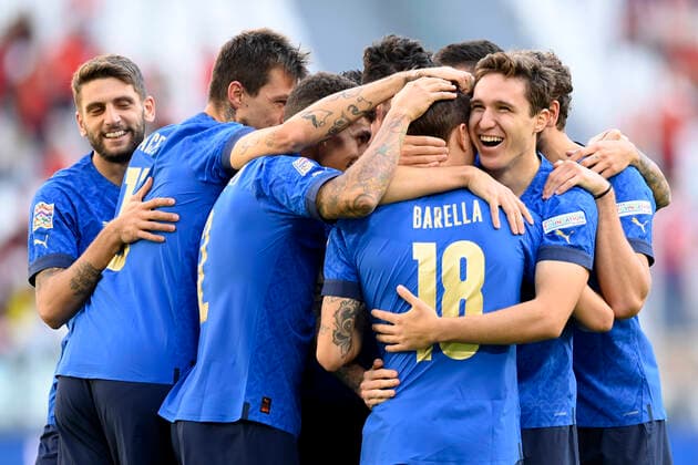 Photo LaPresse - Fabio Ferrari October, 10 2021 Turin, Italy soccer Italy vs Belgium - Final third place Nations League - Juventus stadium of Torino In the pic:Nicol& xf2; Barella (Italy) celebrates after gol 1-0  Copyright: xFabioxFerrari LaPressex