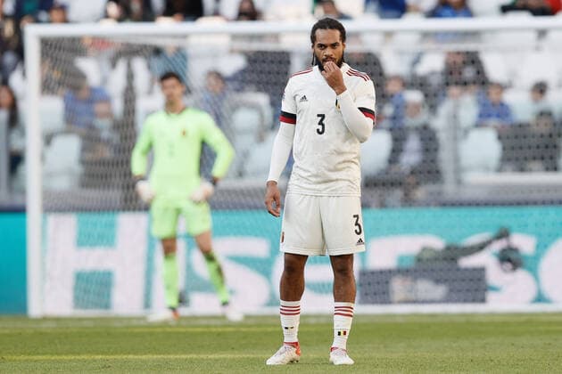 Belgium s Jason Denayer looks dejected during a soccer game between Belgian national team, Nationalteam Red Devils and Italy, the Nations League third-place play-off, in Torino, Italy, on Sunday 10 October 2021. BRUNOxFAHY  x3111026x