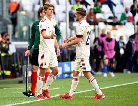 Torino, Italy - October 10 : Charles De Ketelaere midfielder of Belgium & Alexis Saelemaekers midfielder of Belgium during the UEFA Nations League Finals 2021 Third Place match between Italy and Belgium on October 10, 2021 in Torino, Italy, 10 10 2021 ( Italy v Belgium UEFA Nations League Third Place Match PhotoNews Panoramic 