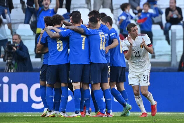 Italian Nicolo Barella celebrates after scoring during a soccer game between Belgian national team, Nationalteam Red Devils and Italy, the Nations League third-place play-off, in Torino, Italy, on Sunday 10 October 2021. DIRKxWAEM  x3111037x