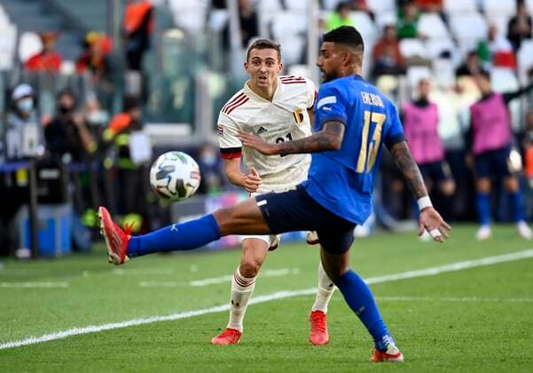 Torino, Italy - October 10 : Timothy Castagne defender of Belgium, Emerson defender of Italy during the UEFA Nations League Finals 2021 Third Place match between Italy and Belgium on October 10, 2021 in Torino, Italy, 10 10 2021 ( Italy v Belgium UEFA Nations League Third Place Match PhotoNews Panoramic 
