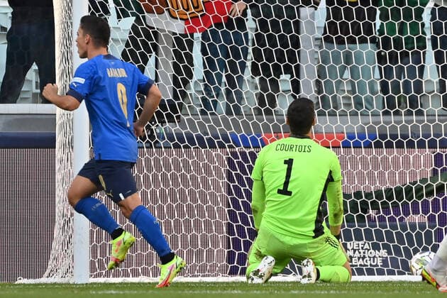 Belgium s goalkeeper Thibaut Courtois pictured during a soccer game between Belgian national team, Nationalteam Red Devils and Italy, the Nations League third-place play-off, in Torino, Italy, on Sunday 10 October 2021. DIRKxWAEM  x3111057x