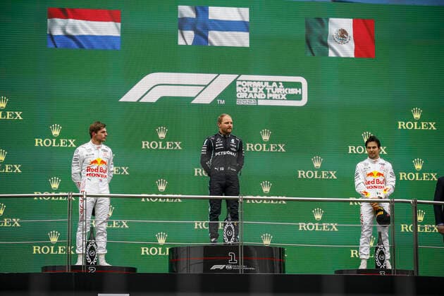 33 Max Verstappen NED, Red Bull Racing , 77 Valtteri Bottas FIN, Mercedes AMG Petronas F1 Team , 11 Sergio Perez MEX, Red Bull Racing , F1 Grand Prix of Turkey at Intercity Istanbul Park on October 10, 2021 in Istanbul, Turkey Photo by HOCH ZWEI Istanbul Turkey