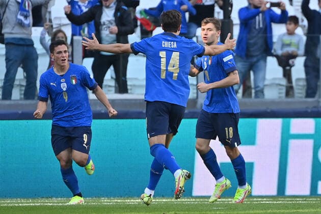 Italian Nicolo Barella celebrates after scoring during a soccer game between Belgian national team, Nationalteam Red Devils and Italy, the Nations League third-place play-off, in Torino, Italy, on Sunday 10 October 2021. DIRKxWAEM  x3111071x