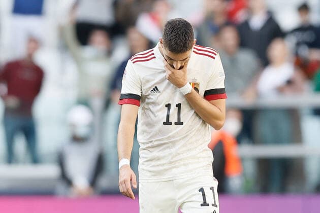 Belgium s Yannick Carrasco looks dejected during a soccer game between Belgian national team, Nationalteam Red Devils and Italy, the Nations League third-place play-off, in Torino, Italy, on Sunday 10 October 2021. BRUNOxFAHY  x3111076x