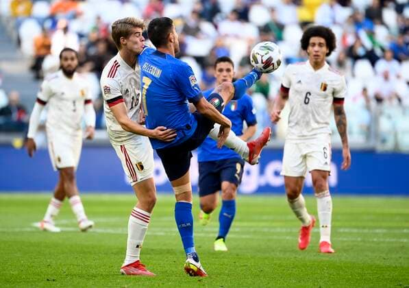 Torino, Italy - October 10 : Charles De Ketelaere midfielder of Belgium & Lorenzo Pellegrini of Italy during the UEFA Nations League Finals 2021 Third Place match between Italy and Belgium on October 10, 2021 in Torino, Italy, 10 10 2021 ( Italy v Belgium UEFA Nations League Third Place Match PhotoNews Panoramic 