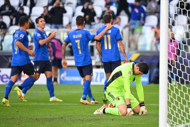 TORINO, ITALY - OCTOBER 10 : Thibaut Courtois goalkeeper of Belgium during to the UEFA Nations League Finals 2021 Third Place match between Italy and Belgium on October 10, 2021 in Torino, Italy, 10 10 2021 ( Italy v Belgium UEFA Nations League Third Place Match PhotoNews Panoramic 