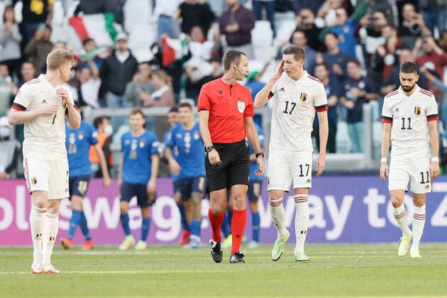 Belgium s players look dejected during a soccer game between Belgian national team, Nationalteam Red Devils and Italy, the Nations League third-place play-off, in Torino, Italy, on Sunday 10 October 2021. BRUNOxFAHY  x3111102x