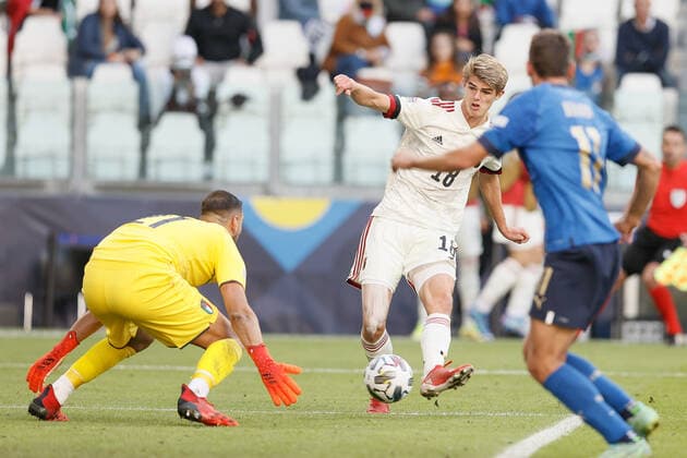 Belgium s Charles De Ketelaere scores the 2-1 goal during a soccer game between Belgian national team, Nationalteam Red Devils and Italy, the Nations League third-place play-off, in Torino, Italy, on Sunday 10 October 2021. BRUNOxFAHY  x3111156x
