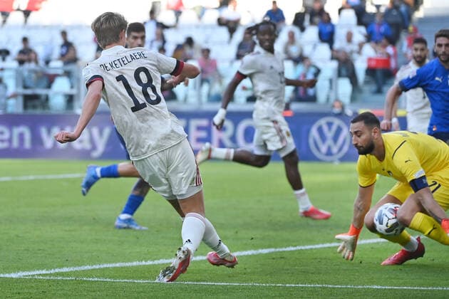Belgium s Charles De Ketelaere scoring the 2-1 goal during a soccer game between Belgian national team, Nationalteam Red Devils and Italy, the Nations League third-place play-off, in Torino, Italy, on Sunday 10 October 2021. DIRKxWAEM  x3111160x